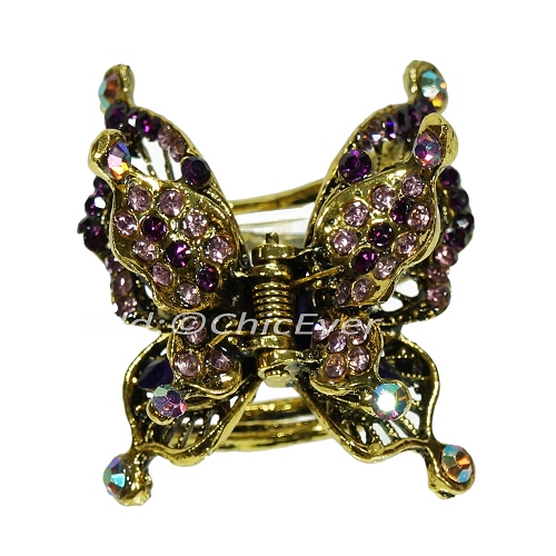 Haargreifer Schmetterling Vintage Haarkneifer Haarklammer Metall & Strass lila violett gold 5120f - zum Schließen ins Bild klicken